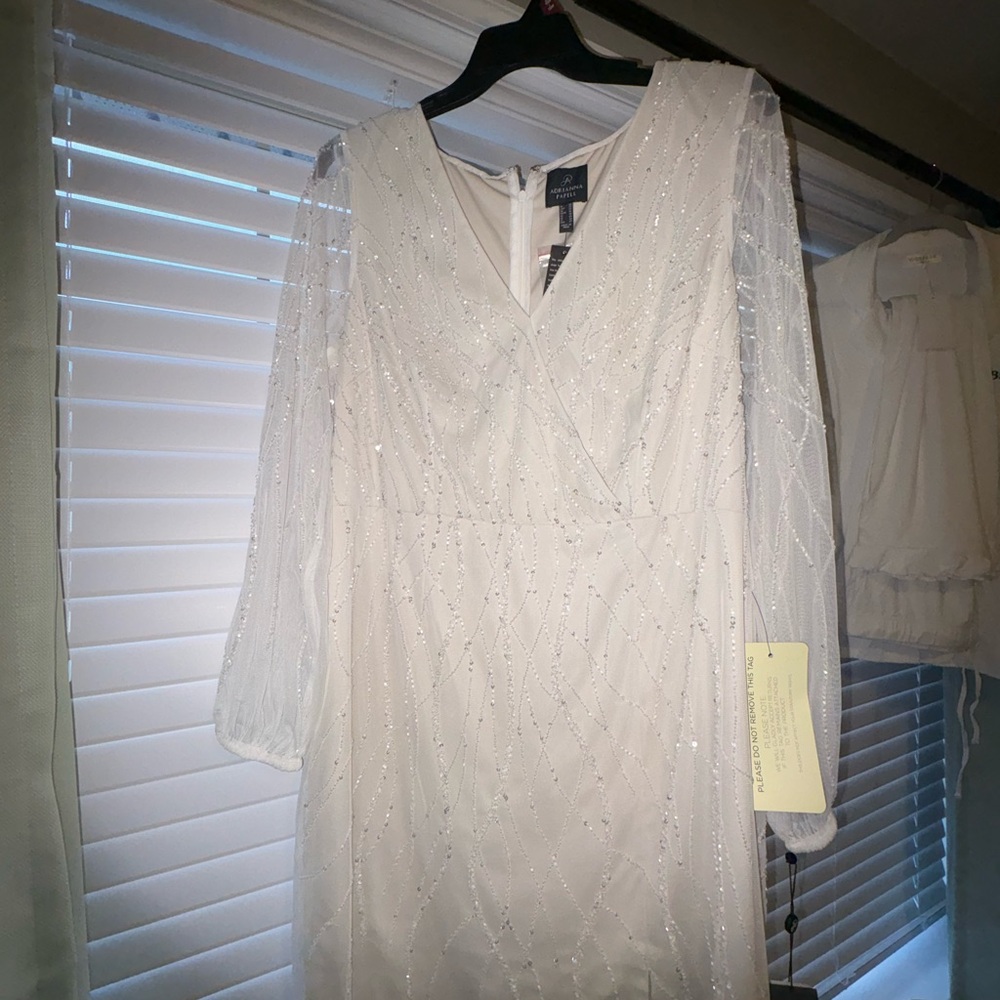 Adrianna Papell Ivory Beaded Long Sleeve V-Neck Dress